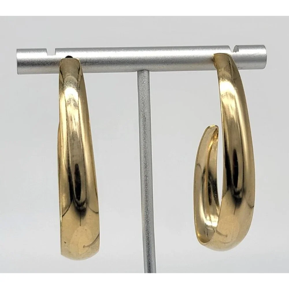 Gold Tone Oval Hoop Earrings Large Polished Unmarked Statement Jewelry Vintage S